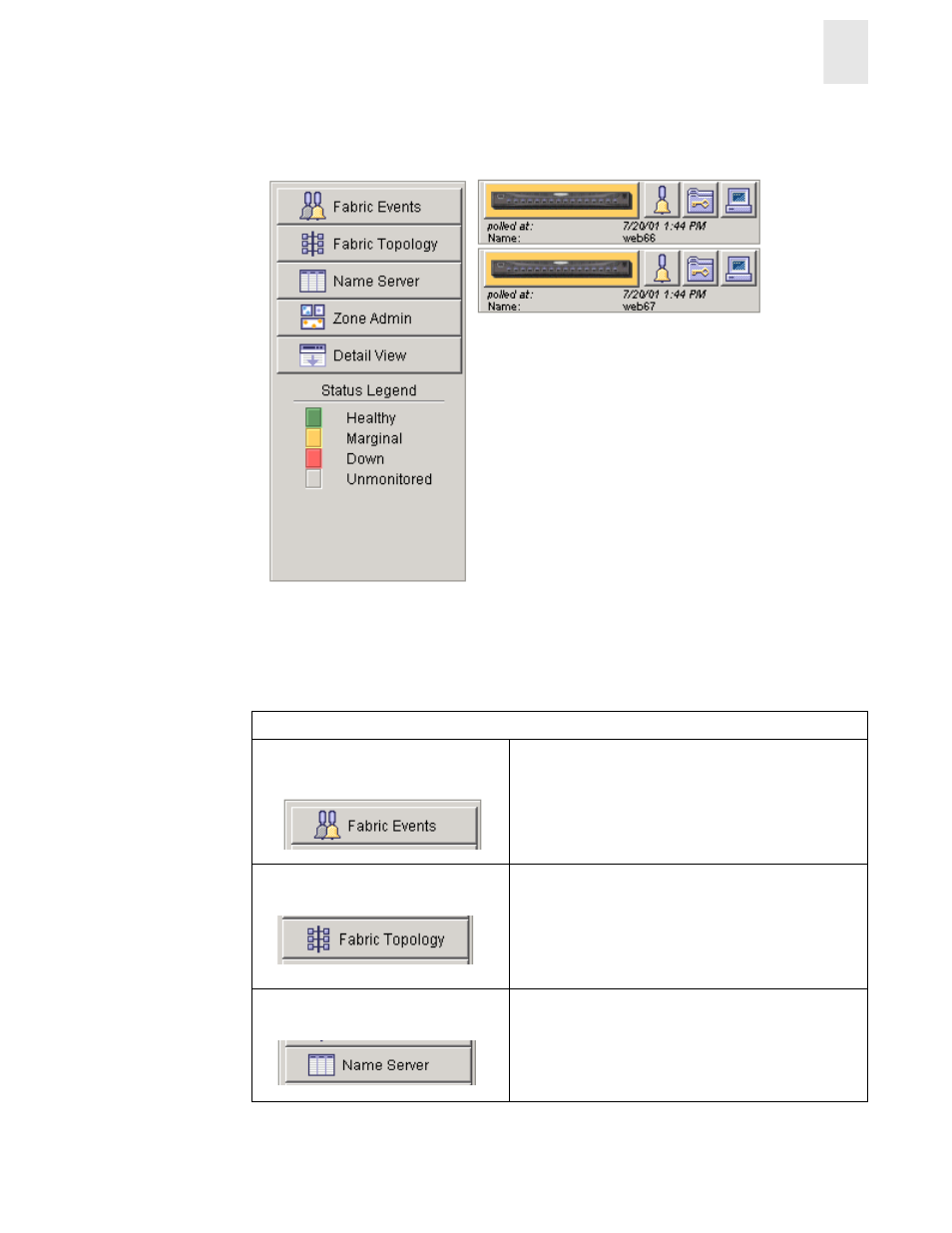 Button and icons that appear in fabric view | HP Surestore 6164 Switch User Manual | Page 25 / 161