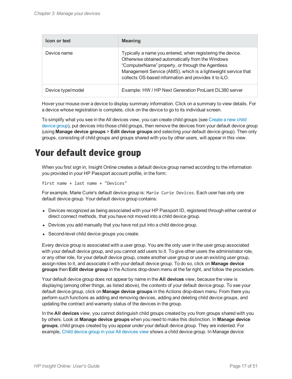 Your default device group, Your default, Device group | The all devices view is a mixed view, containing | HP Insight Online Software User Manual | Page 17 / 51