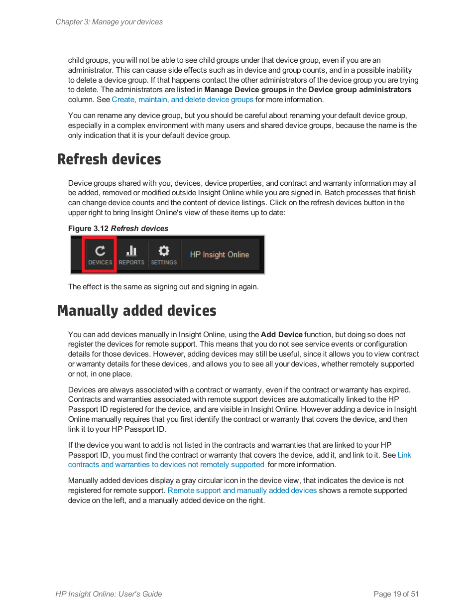 Refresh devices, Manually added devices | HP Insight Online Software User Manual | Page 19 / 51