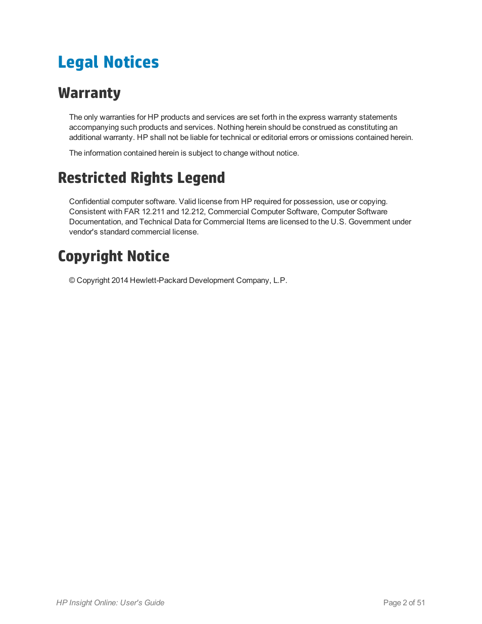 Legal notices, Warranty, Restricted rights legend | Copyright notice | HP Insight Online Software User Manual | Page 2 / 51