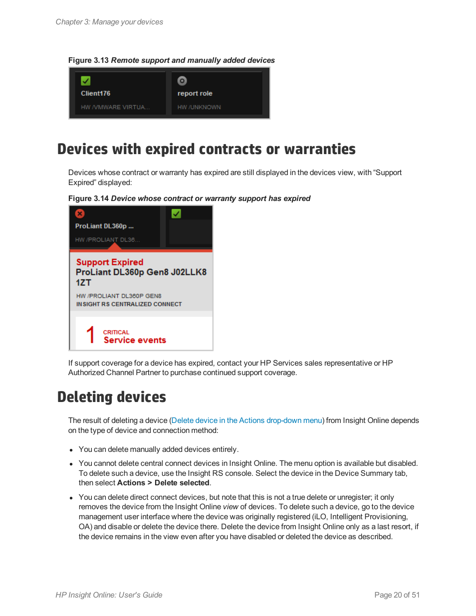 Devices with expired contracts or warranties, Deleting devices, Remote support and manually added devices | HP Insight Online Software User Manual | Page 20 / 51