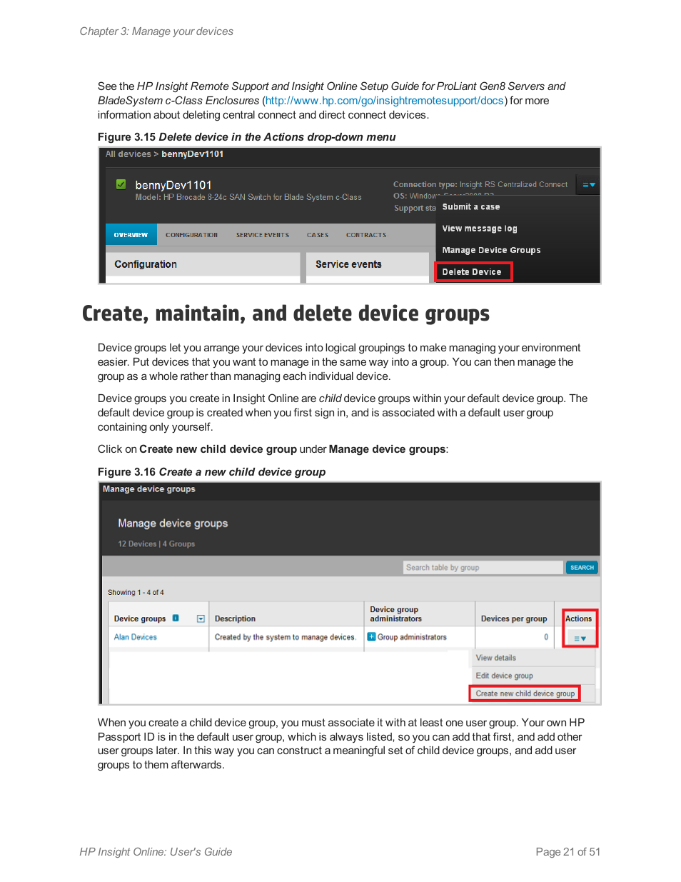 Create, maintain, and delete device groups, Create a new child, Device group | HP Insight Online Software User Manual | Page 21 / 51