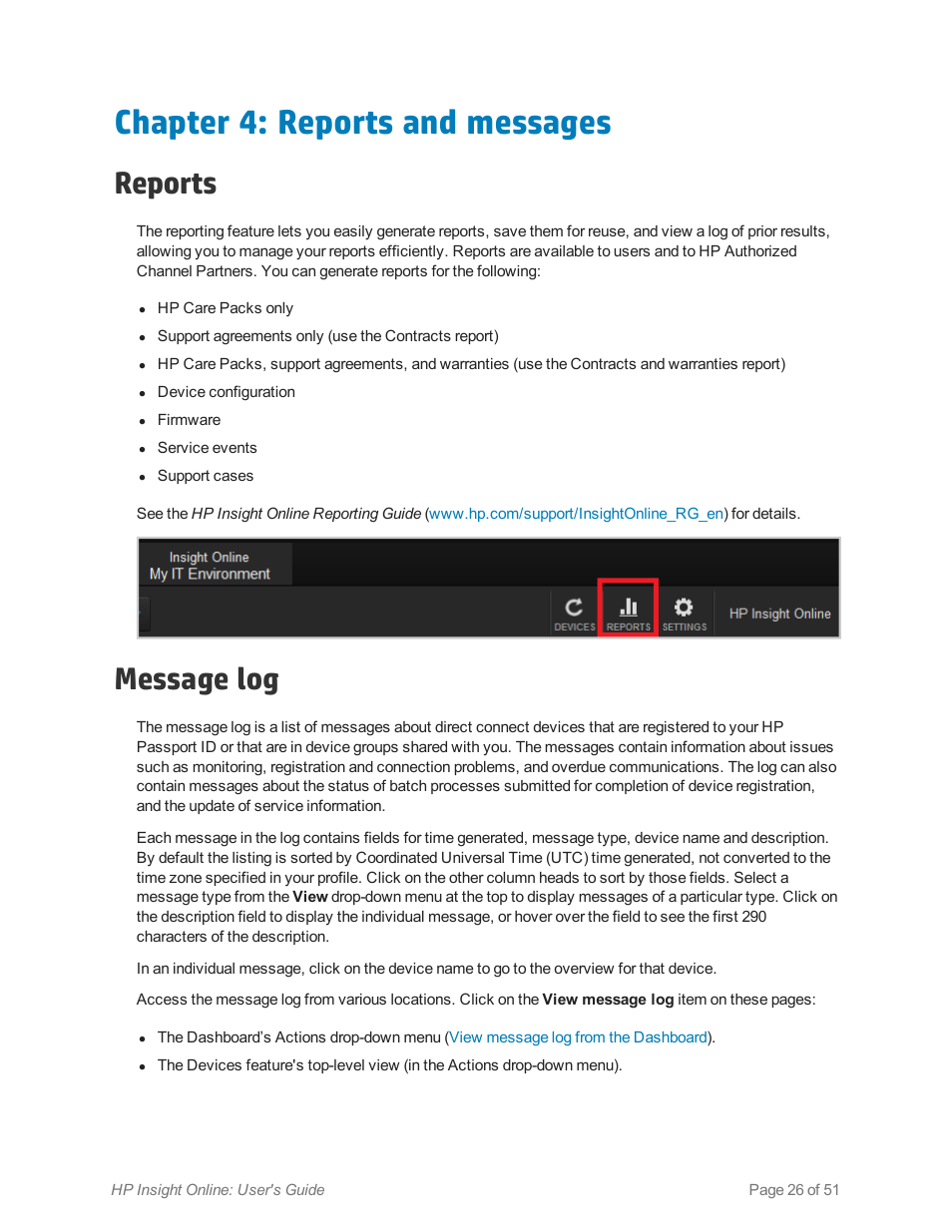 Chapter 4: reports and messages, Reports, Message log | HP Insight Online Software User Manual | Page 26 / 51