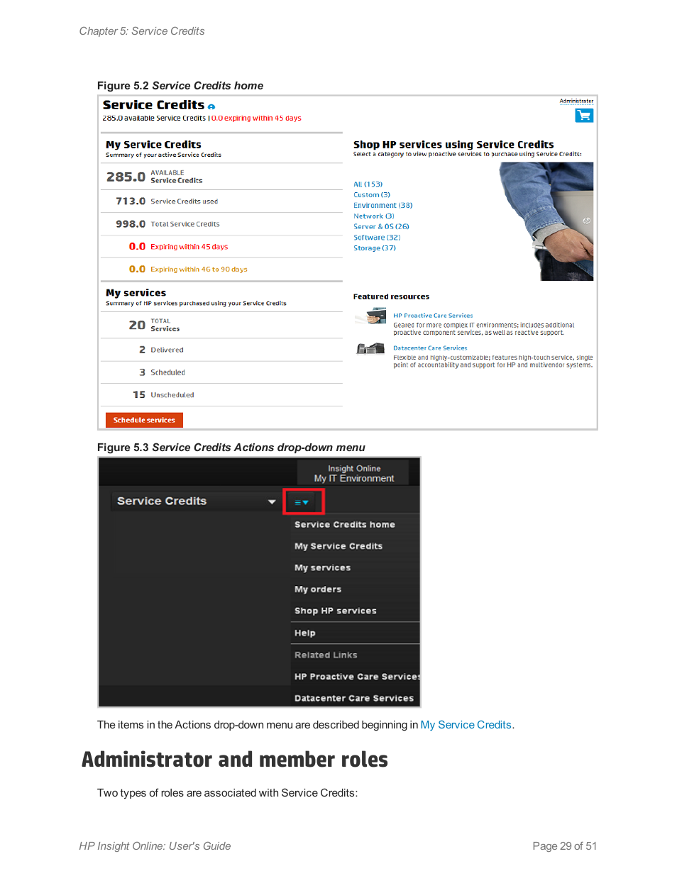Administrator and member roles, Service credits, Home | Service credits actions, Drop-down menu | HP Insight Online Software User Manual | Page 29 / 51