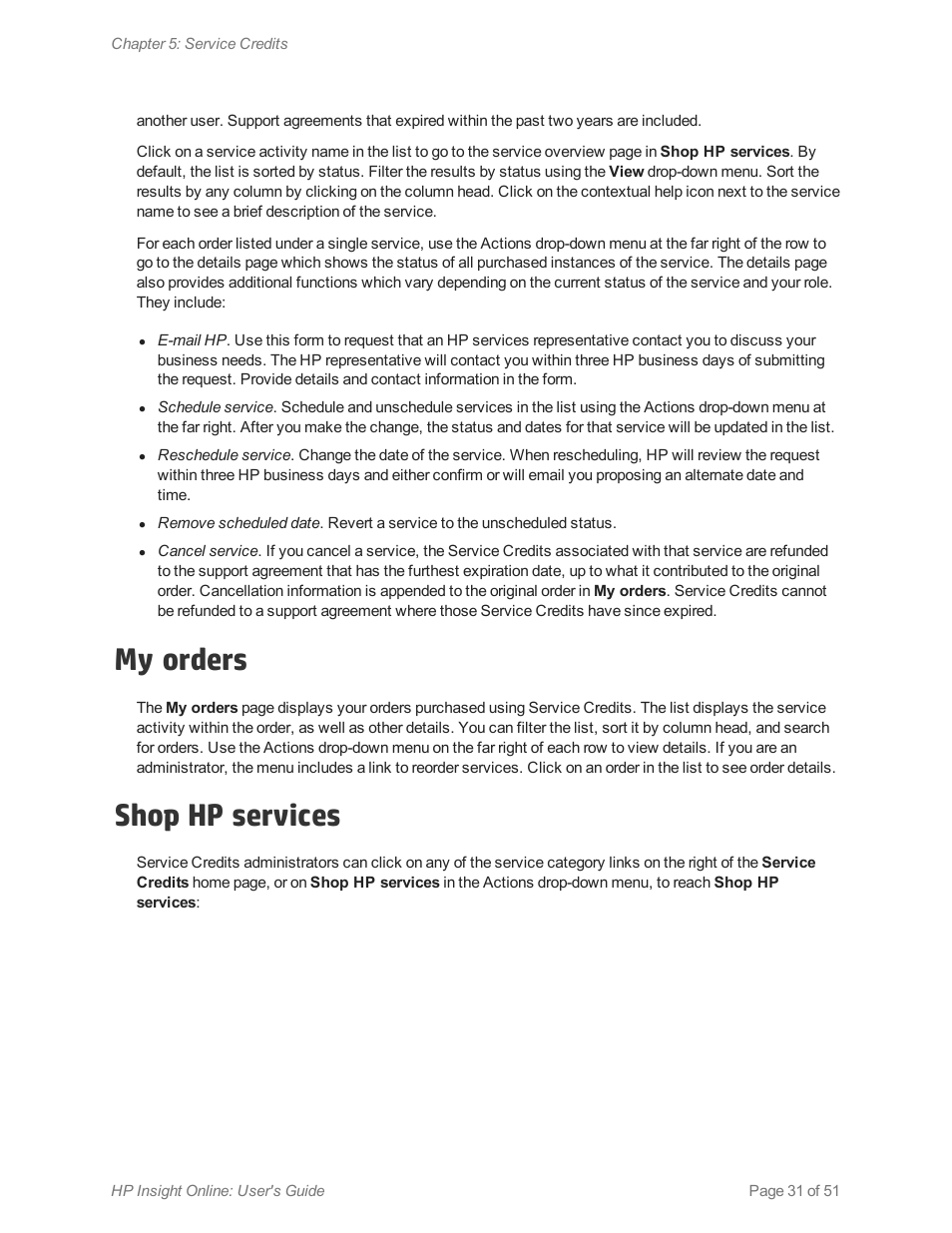 My orders, Shop hp services | HP Insight Online Software User Manual | Page 31 / 51