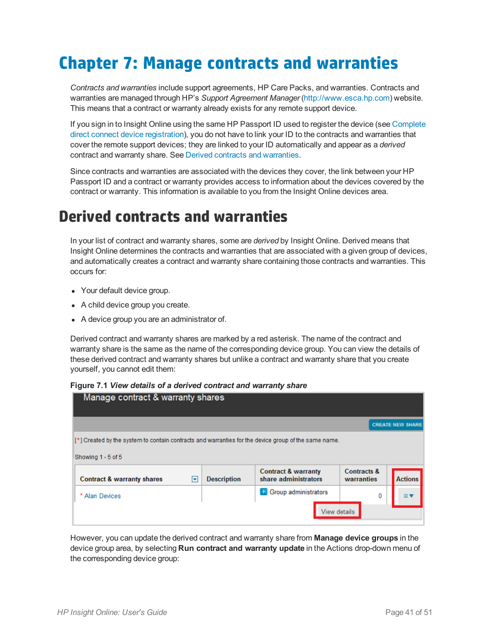 Chapter 7: manage contracts and warranties, Derived contracts and warranties | HP Insight Online Software User Manual | Page 41 / 51