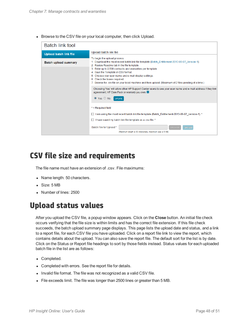 Csv file size and requirements, Upload status values | HP Insight Online Software User Manual | Page 48 / 51