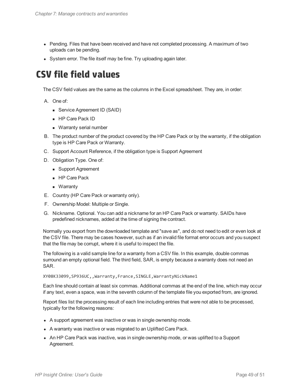 Csv file field values | HP Insight Online Software User Manual | Page 49 / 51