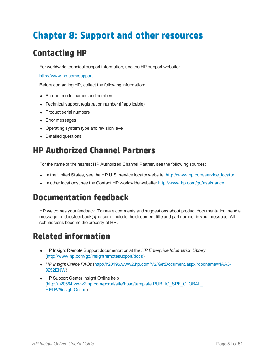 Chapter 8: support and other resources, Contacting hp, Hp authorized channel partners | Documentation feedback, Related information | HP Insight Online Software User Manual | Page 51 / 51