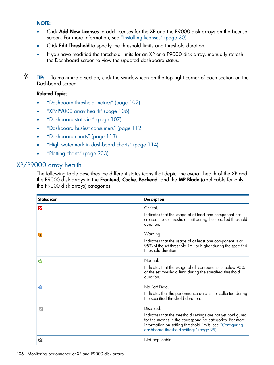 Xp/p9000 array health | HP XP Performance Advisor Software User Manual | Page 106 / 417