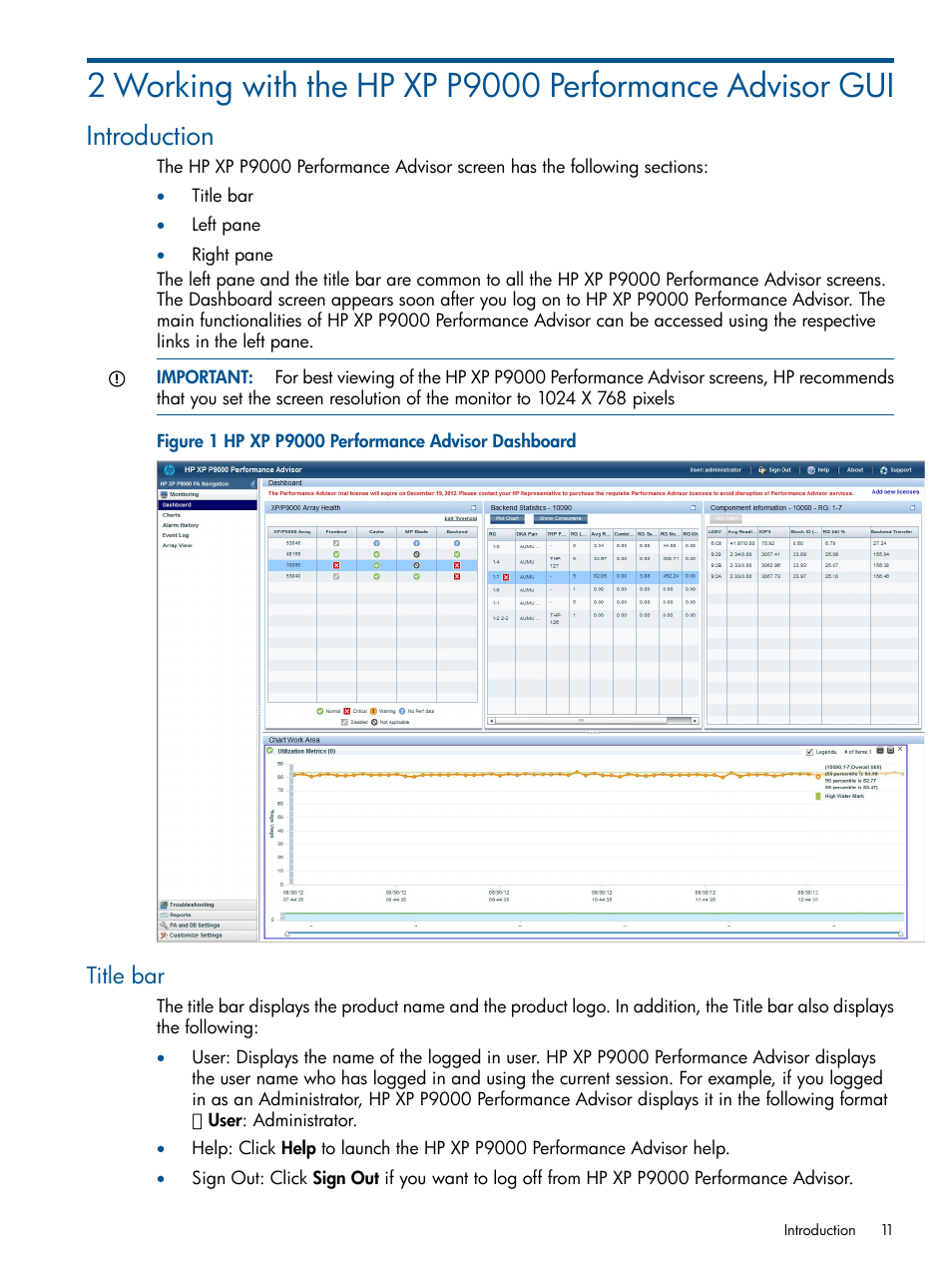 Introduction, Title bar | HP XP Performance Advisor Software User Manual | Page 11 / 417