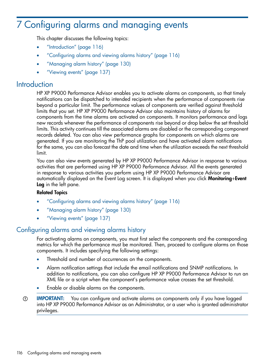 7 configuring alarms and managing events, Introduction, Configuring alarms and viewing alarms history | HP XP Performance Advisor Software User Manual | Page 116 / 417