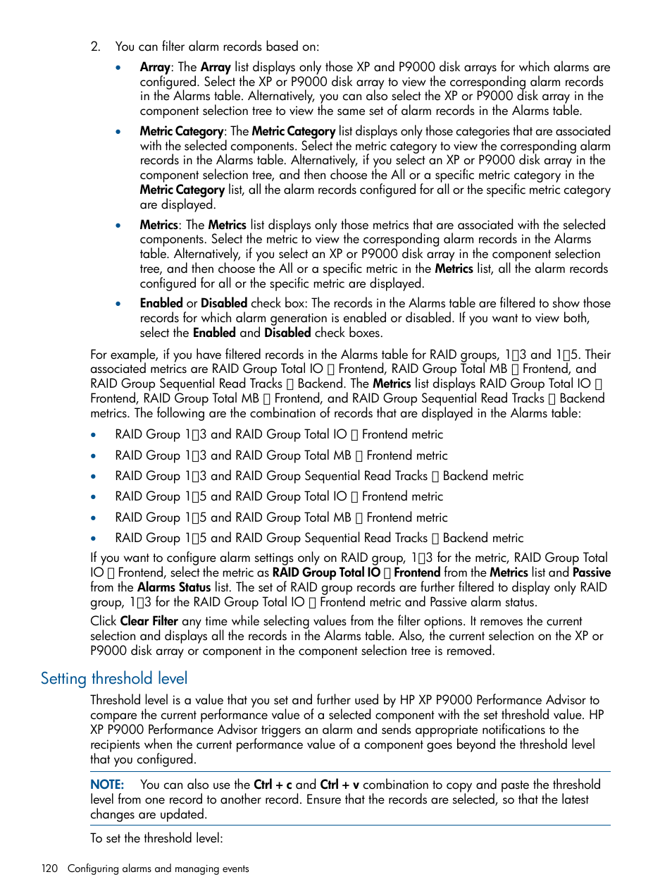 Setting threshold level, Setting | HP XP Performance Advisor Software User Manual | Page 120 / 417