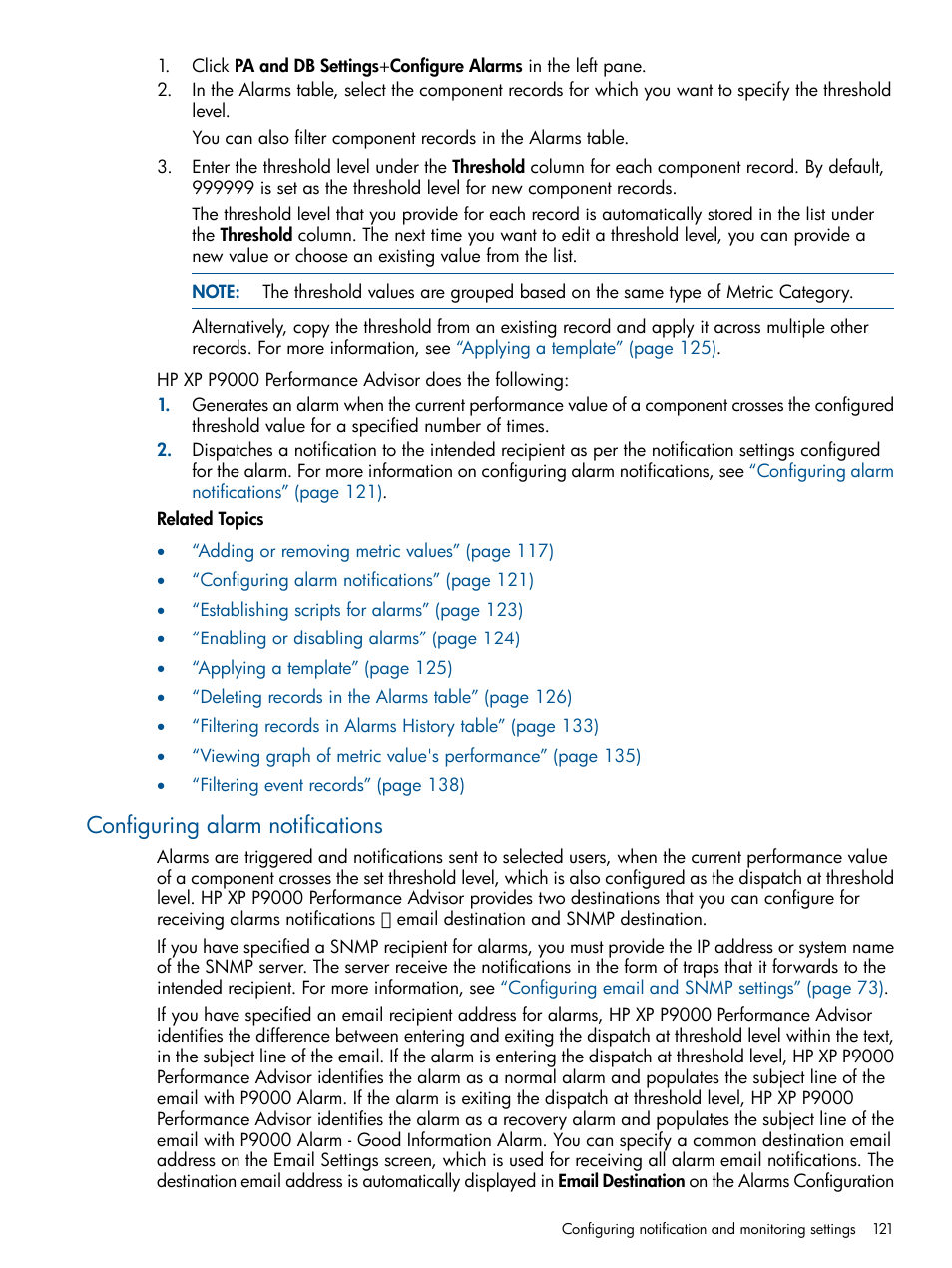 Configuring alarm notifications | HP XP Performance Advisor Software User Manual | Page 121 / 417