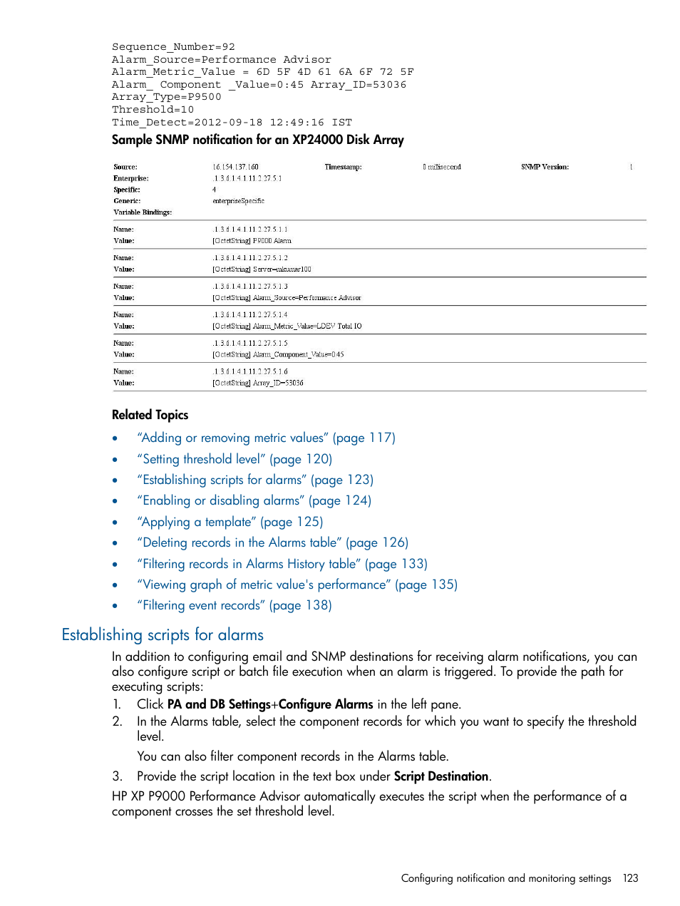 Establishing scripts for alarms | HP XP Performance Advisor Software User Manual | Page 123 / 417