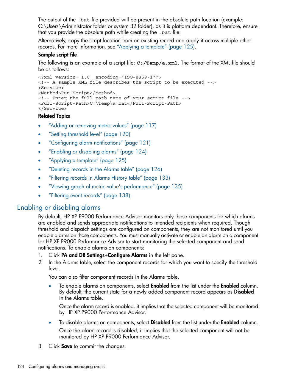 Enabling or disabling alarms | HP XP Performance Advisor Software User Manual | Page 124 / 417