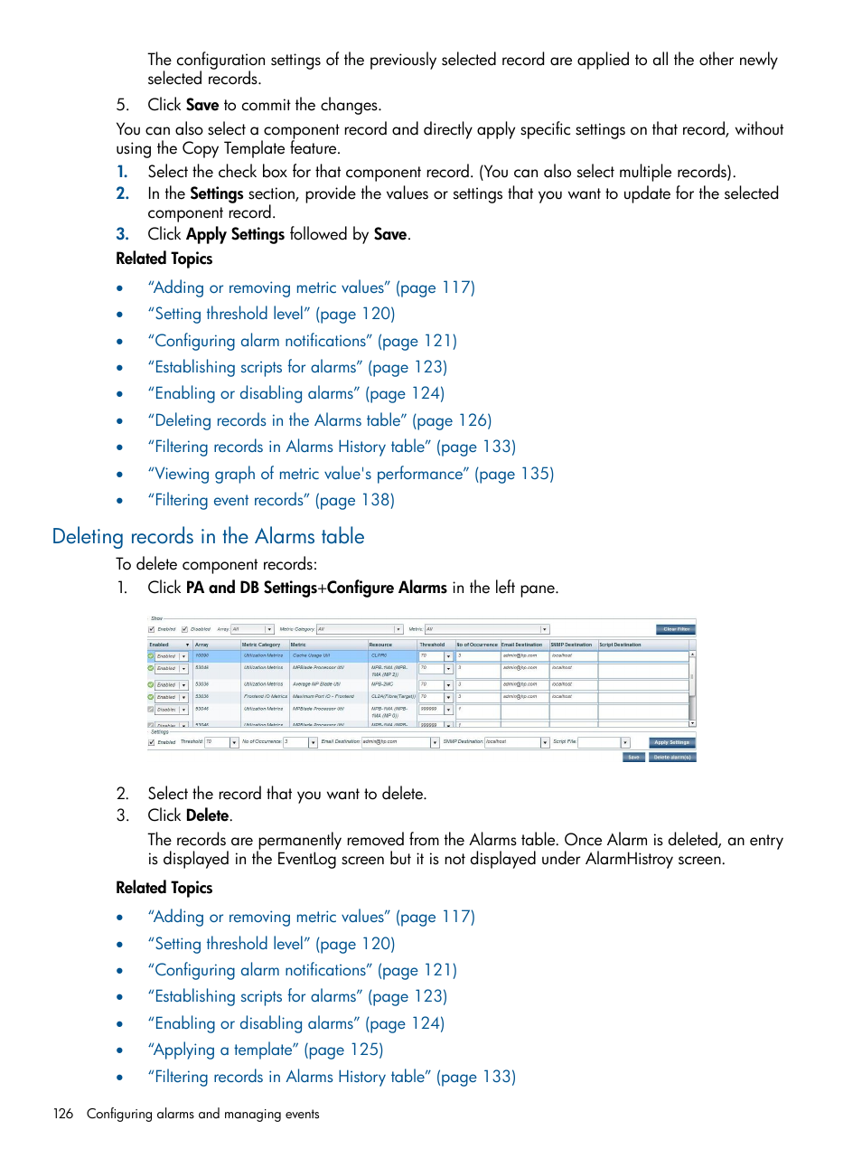 Deleting records in the alarms table | HP XP Performance Advisor Software User Manual | Page 126 / 417