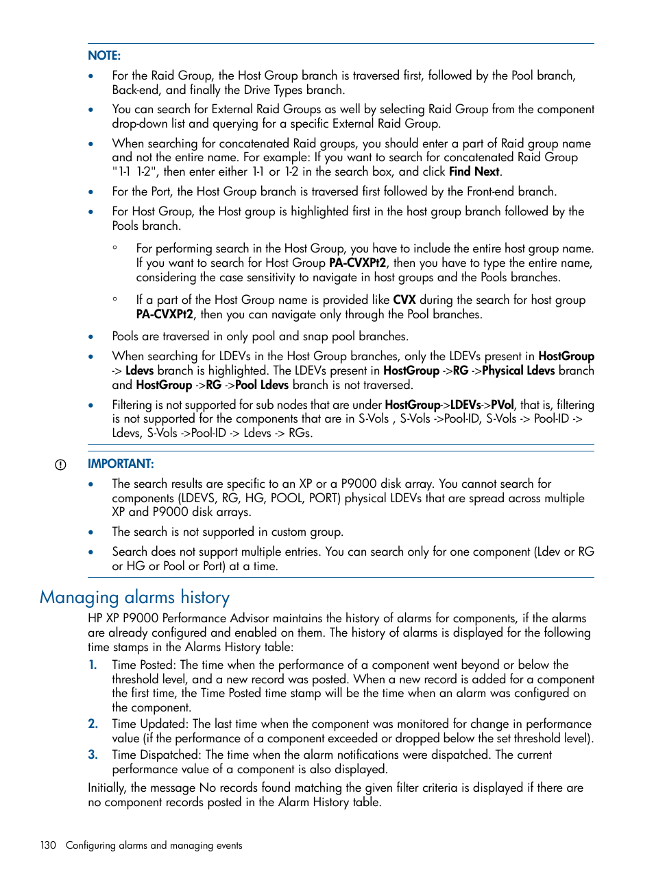 Managing alarms history | HP XP Performance Advisor Software User Manual | Page 130 / 417