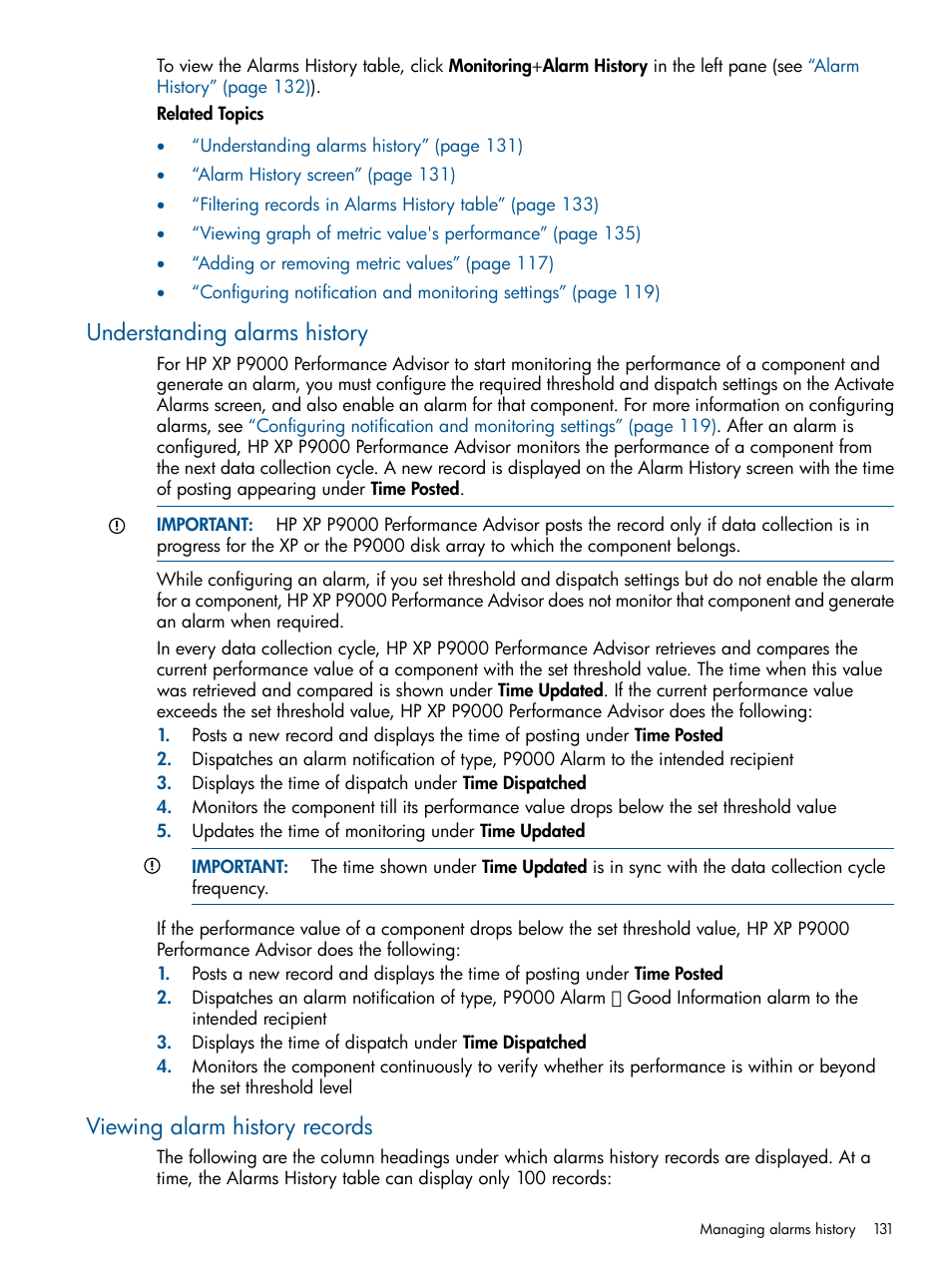 Understanding alarms history, Viewing alarm history records | HP XP Performance Advisor Software User Manual | Page 131 / 417