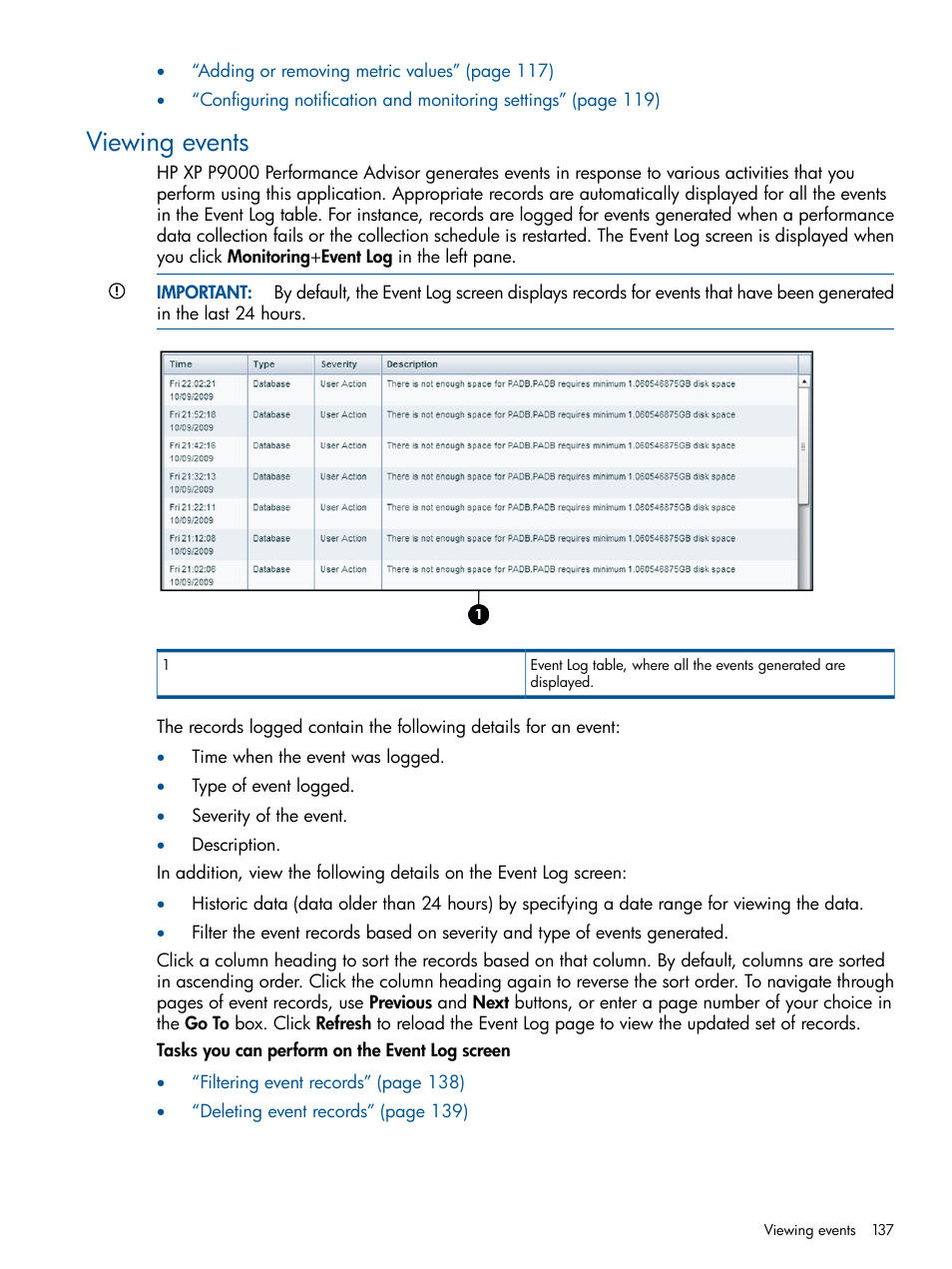 Viewing events, Viewing | HP XP Performance Advisor Software User Manual | Page 137 / 417