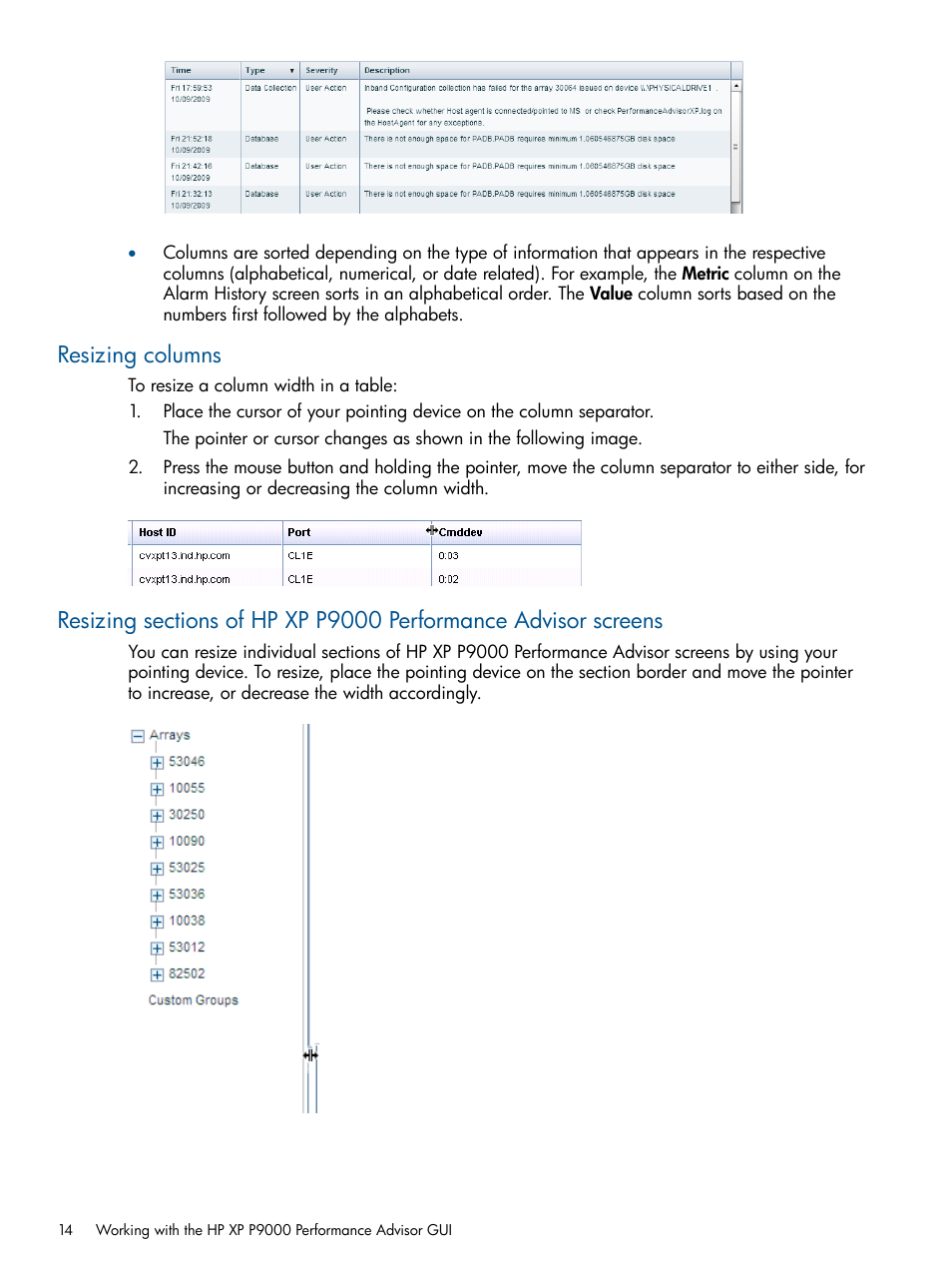 Resizing columns | HP XP Performance Advisor Software User Manual | Page 14 / 417
