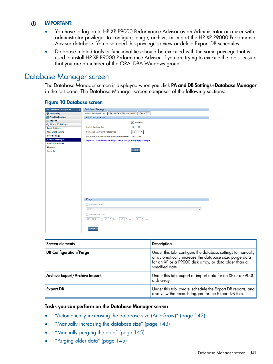 Database manager screen | HP XP Performance Advisor Software User Manual | Page 141 / 417