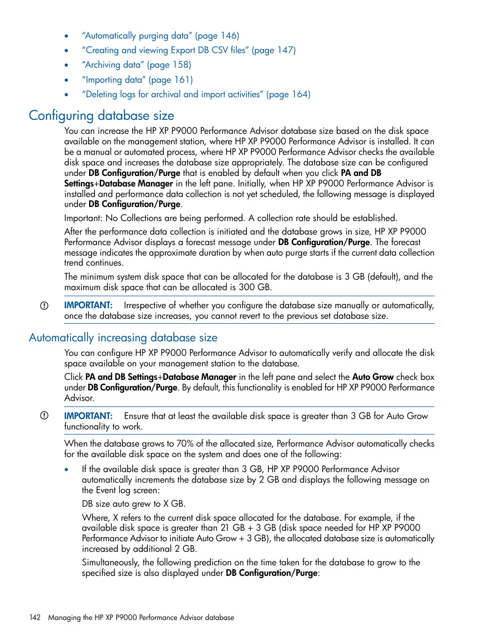 Configuring database size, Automatically increasing database size | HP XP Performance Advisor Software User Manual | Page 142 / 417