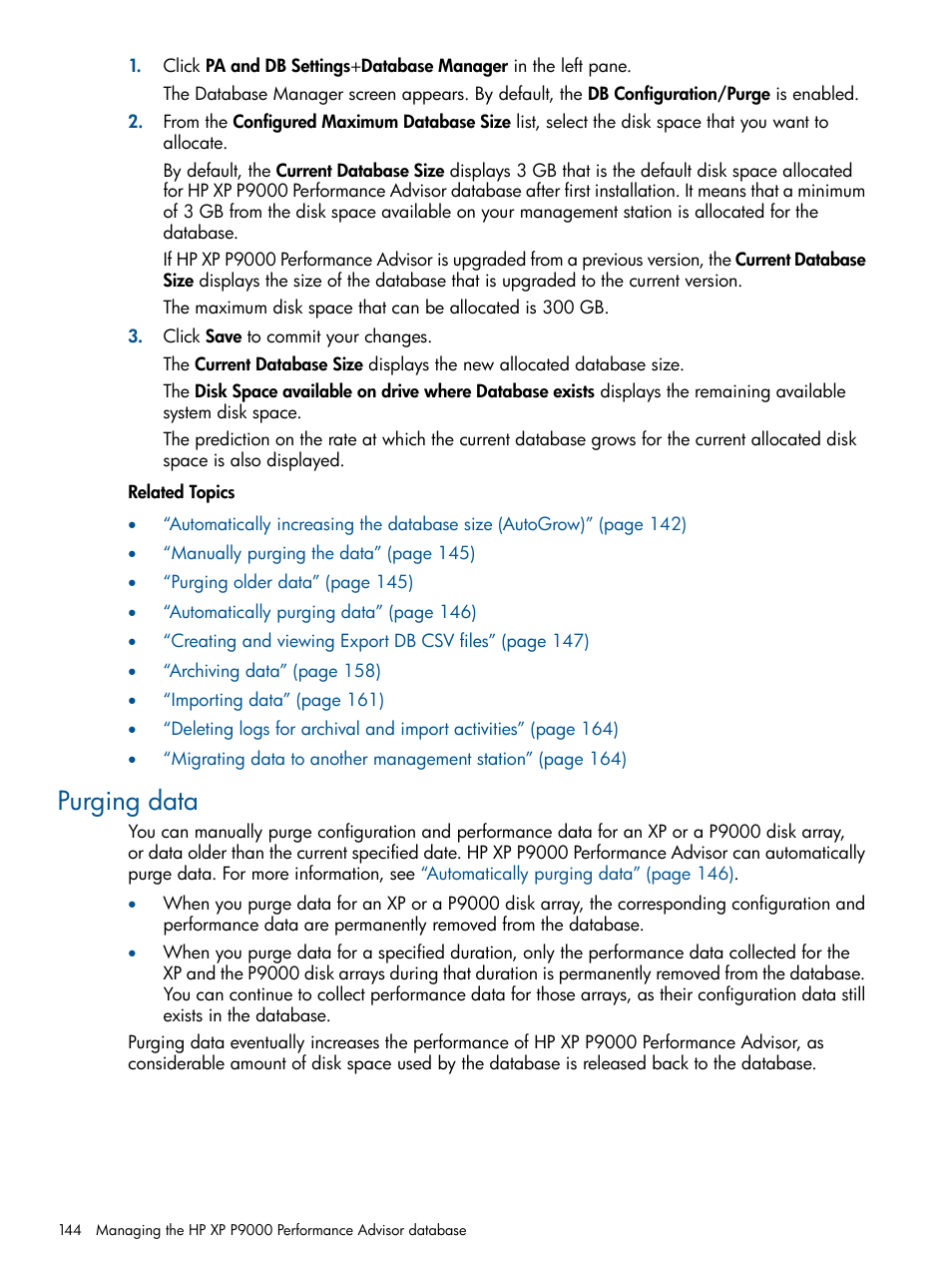 Purging data | HP XP Performance Advisor Software User Manual | Page 144 / 417
