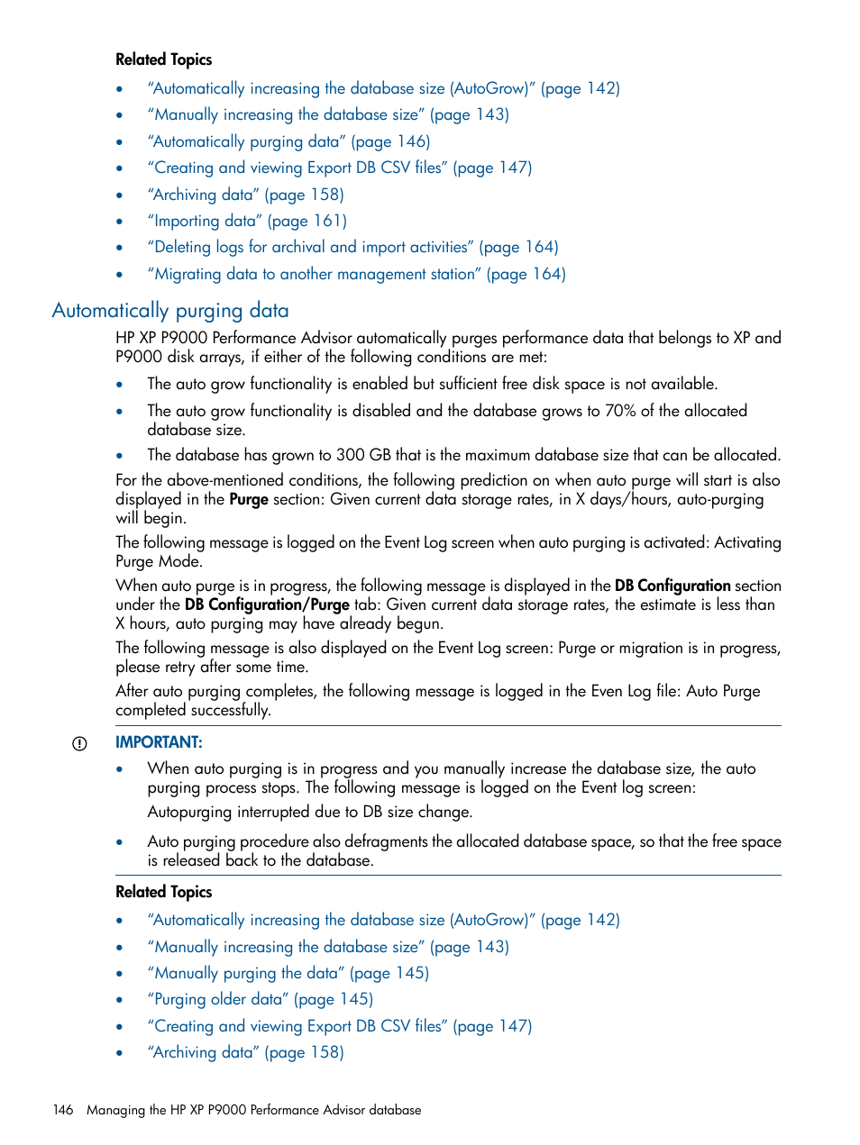 Automatically purging data | HP XP Performance Advisor Software User Manual | Page 146 / 417