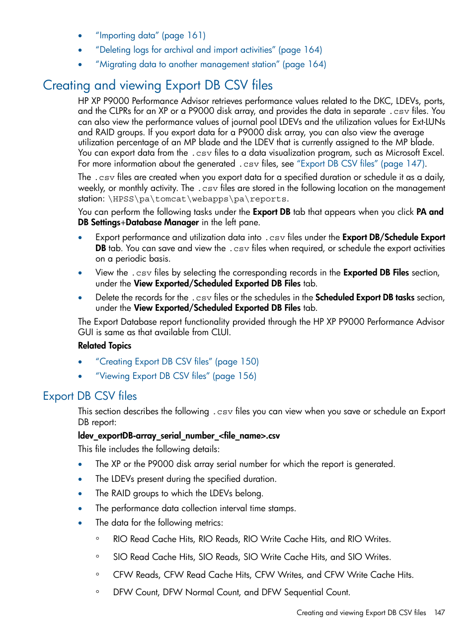 Creating and viewing export db csv files, Export db csv files | HP XP Performance Advisor Software User Manual | Page 147 / 417