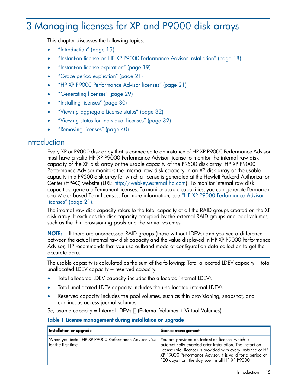 3 managing licenses for xp and p9000 disk arrays, Introduction | HP XP Performance Advisor Software User Manual | Page 15 / 417