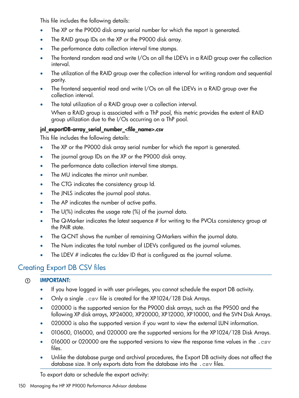 Creating export db csv files | HP XP Performance Advisor Software User Manual | Page 150 / 417