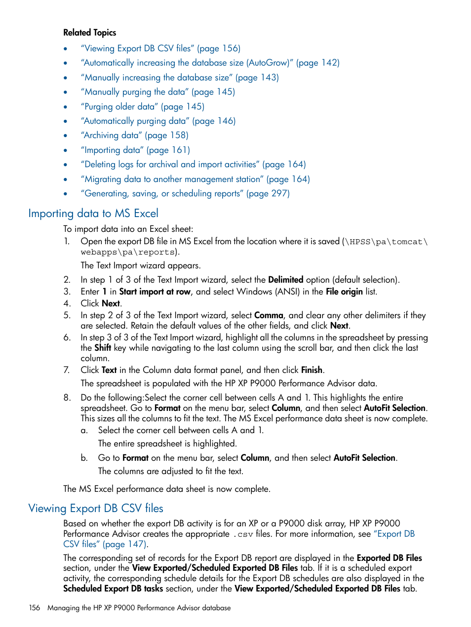 Importing data to ms excel, Viewing export db csv files | HP XP Performance Advisor Software User Manual | Page 156 / 417