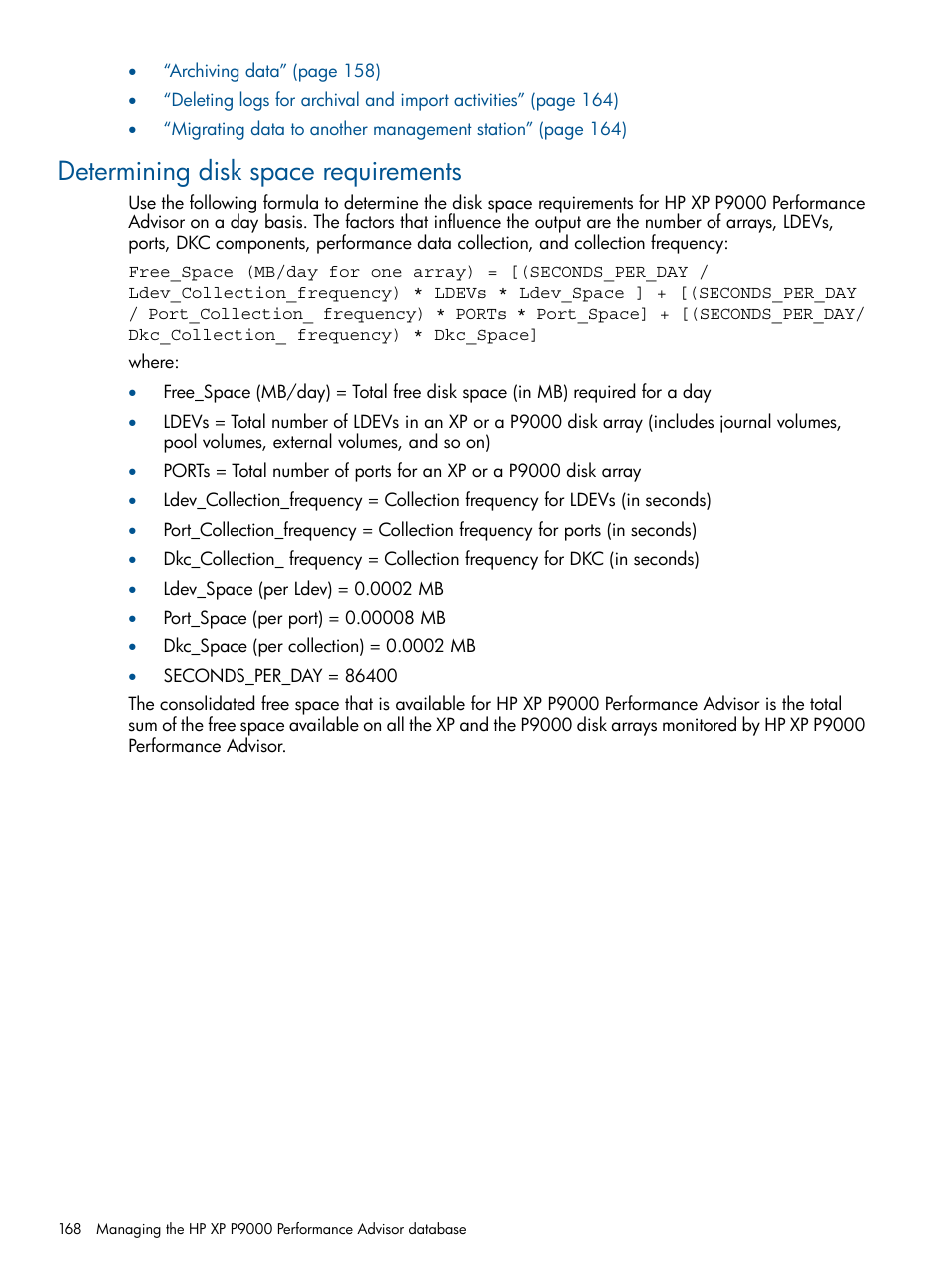 Determining disk space requirements | HP XP Performance Advisor Software User Manual | Page 168 / 417