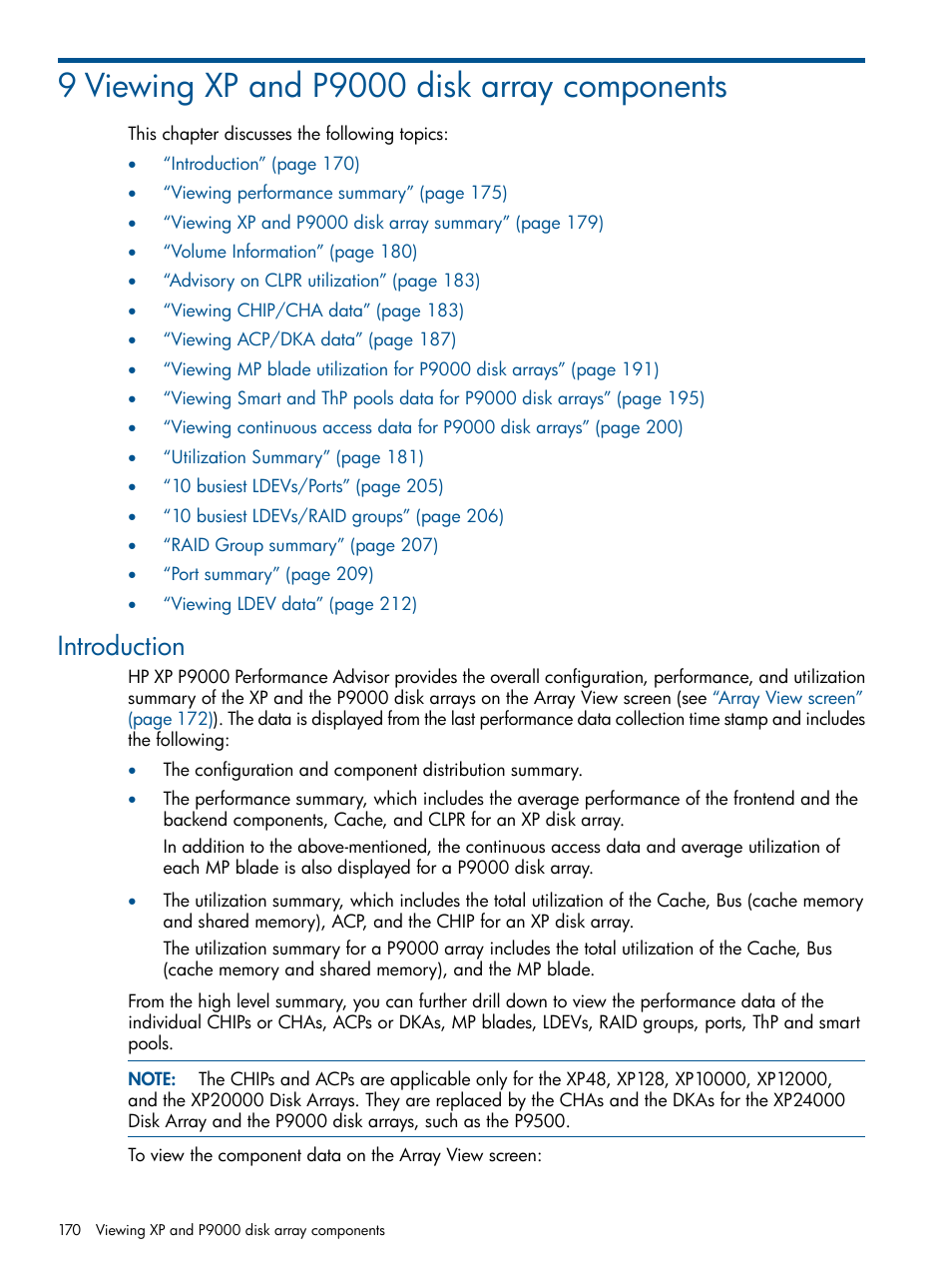 9 viewing xp and p9000 disk array components, Introduction | HP XP Performance Advisor Software User Manual | Page 170 / 417