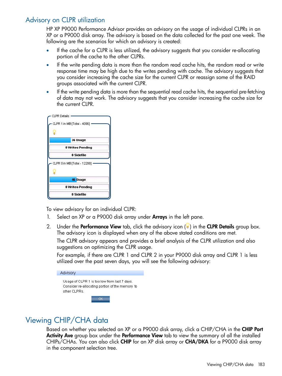 Advisory on clpr utilization, Viewing chip/cha data, Viewing chip/cha | Viewing | HP XP Performance Advisor Software User Manual | Page 183 / 417