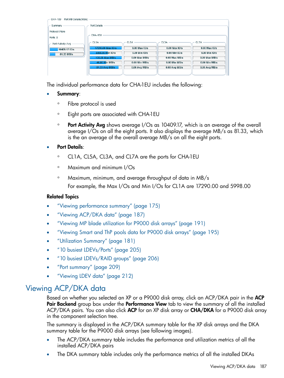 Viewing acp/dka data, Viewing acp/dka | HP XP Performance Advisor Software User Manual | Page 187 / 417