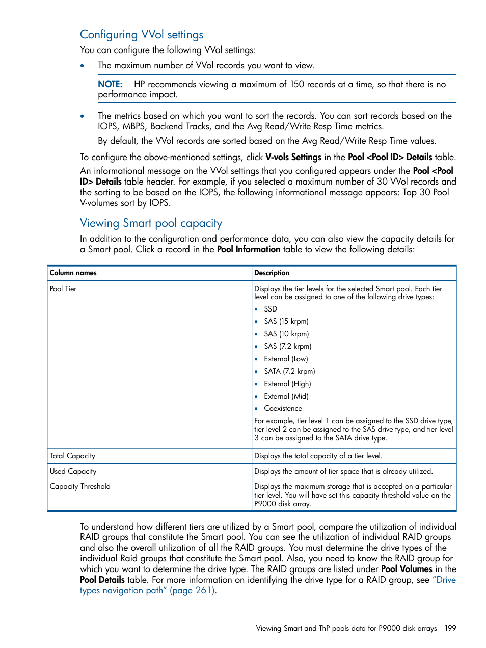 Configuring vvol settings, Viewing smart pool capacity | HP XP Performance Advisor Software User Manual | Page 199 / 417