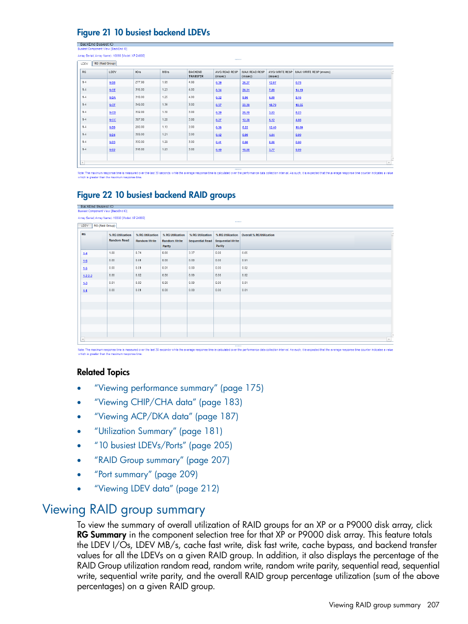 Viewing raid group summary | HP XP Performance Advisor Software User Manual | Page 207 / 417