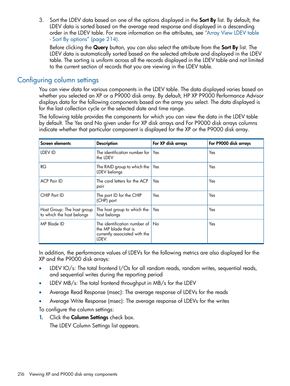 Configuring column settings | HP XP Performance Advisor Software User Manual | Page 216 / 417