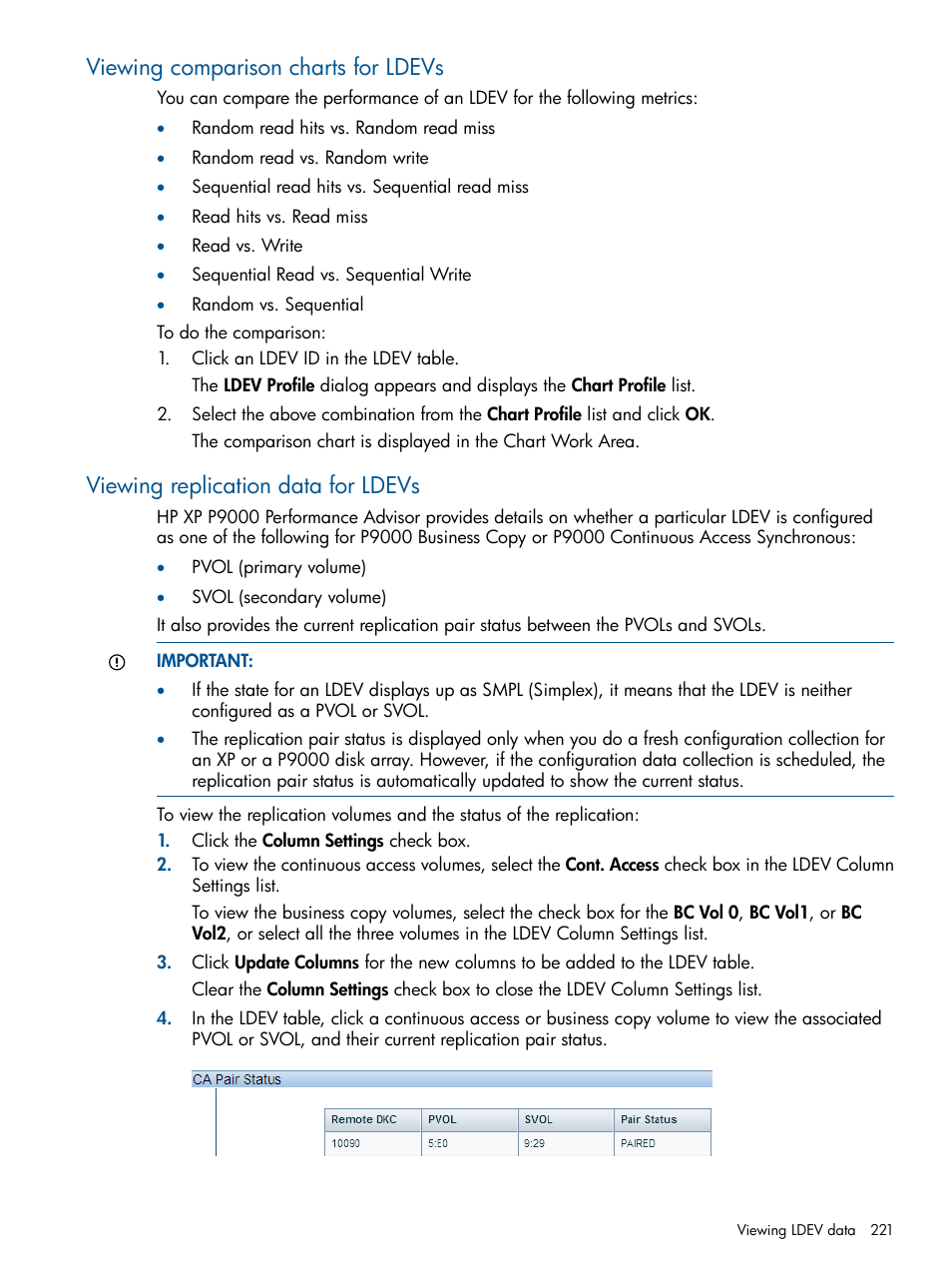 Viewing comparison charts for ldevs, Viewing replication data for ldevs | HP XP Performance Advisor Software User Manual | Page 221 / 417