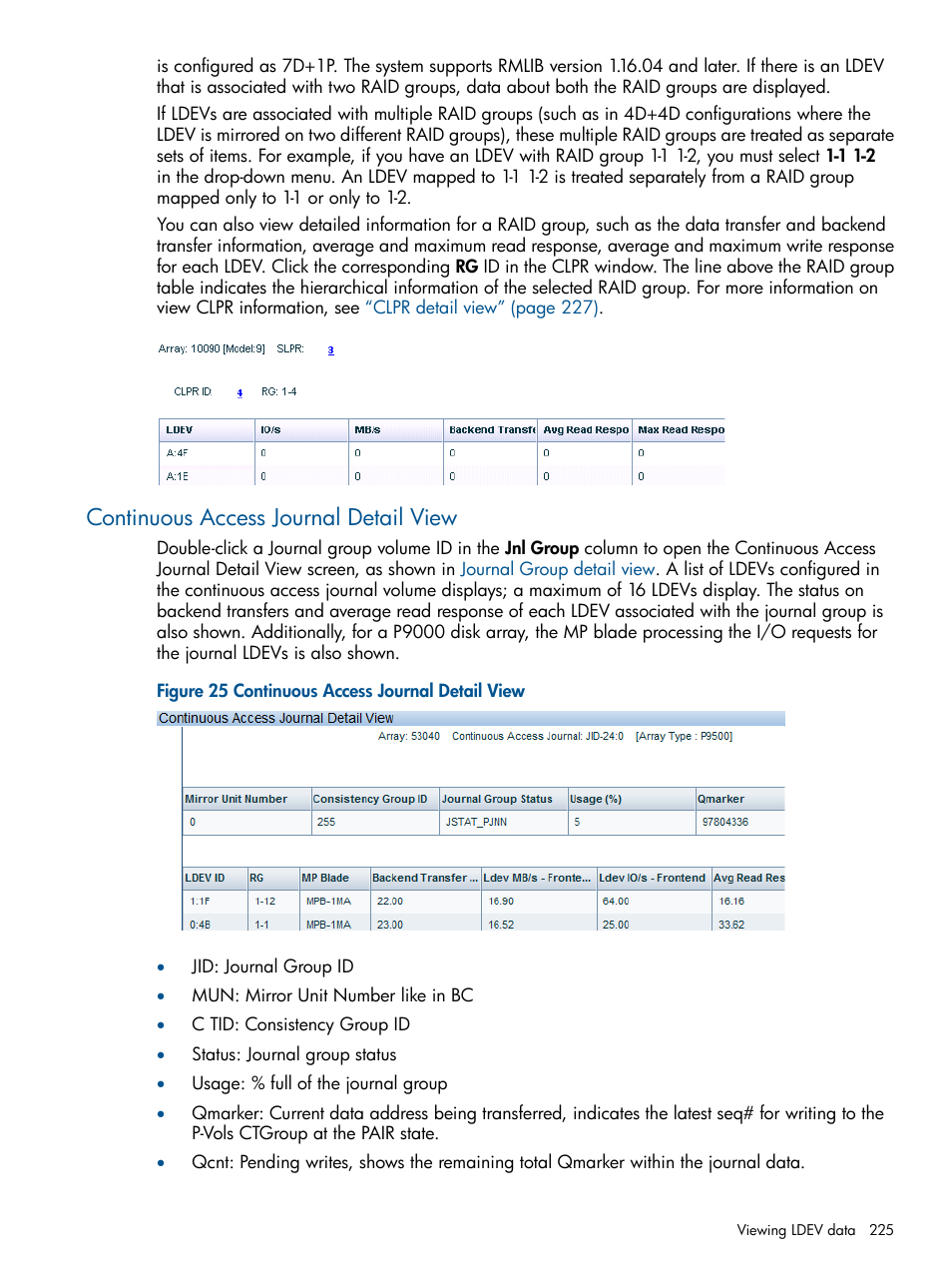 Continuous access journal detail view | HP XP Performance Advisor Software User Manual | Page 225 / 417