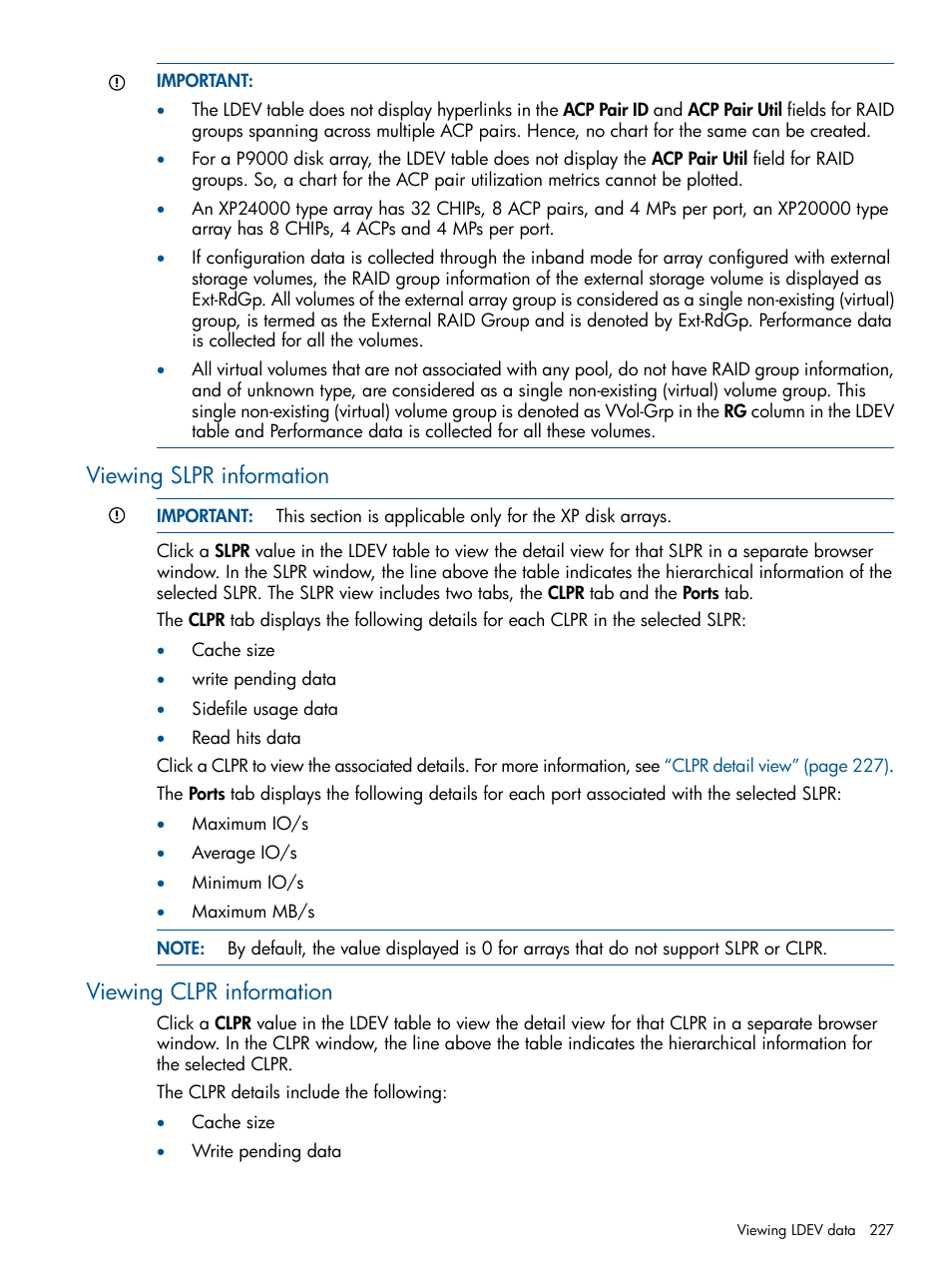 Viewing slpr information, Viewing clpr information, Viewing slpr information viewing clpr information | Slpr | HP XP Performance Advisor Software User Manual | Page 227 / 417