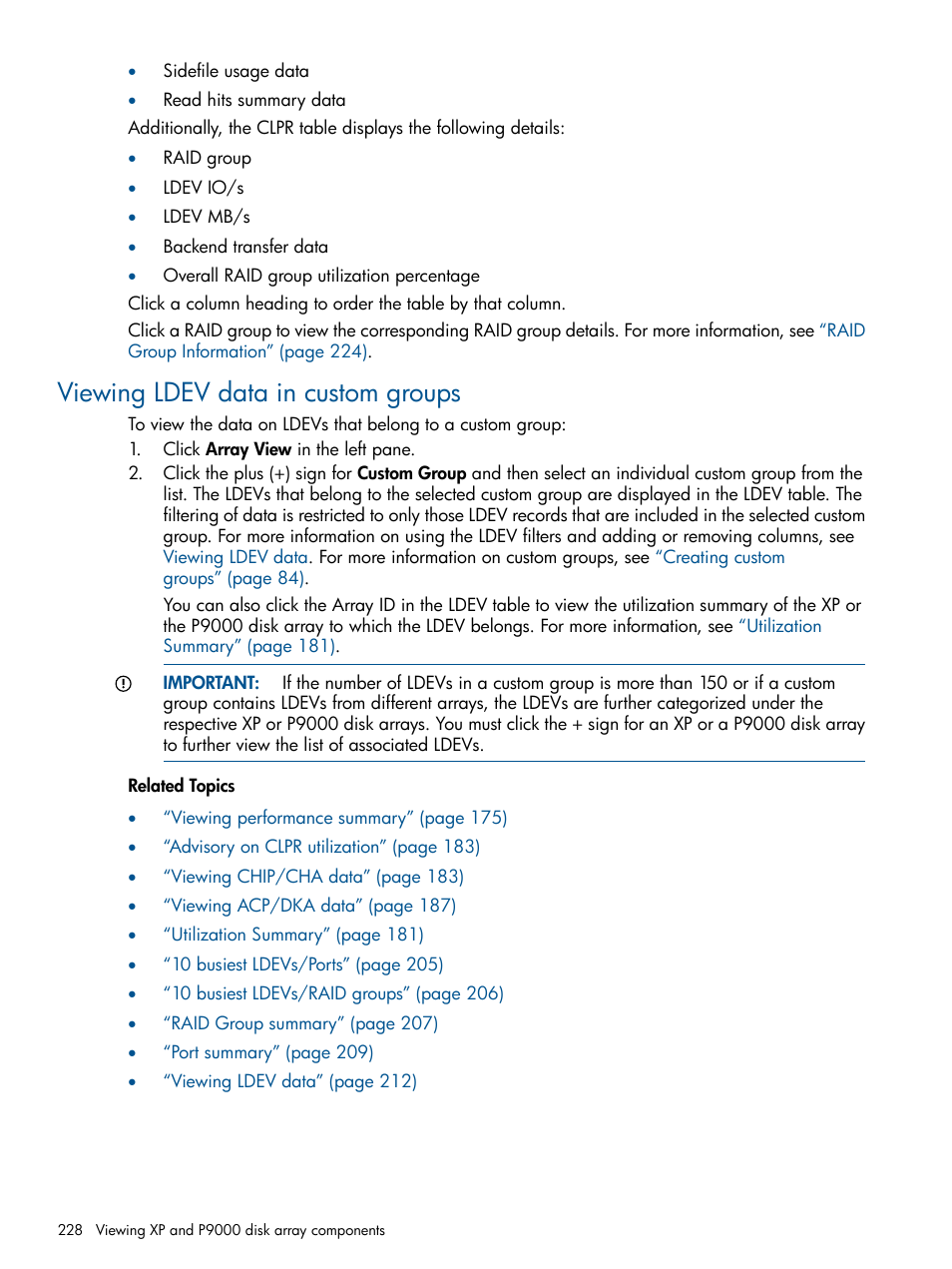 Viewing ldev data in custom groups, Viewing ldev data in | HP XP Performance Advisor Software User Manual | Page 228 / 417