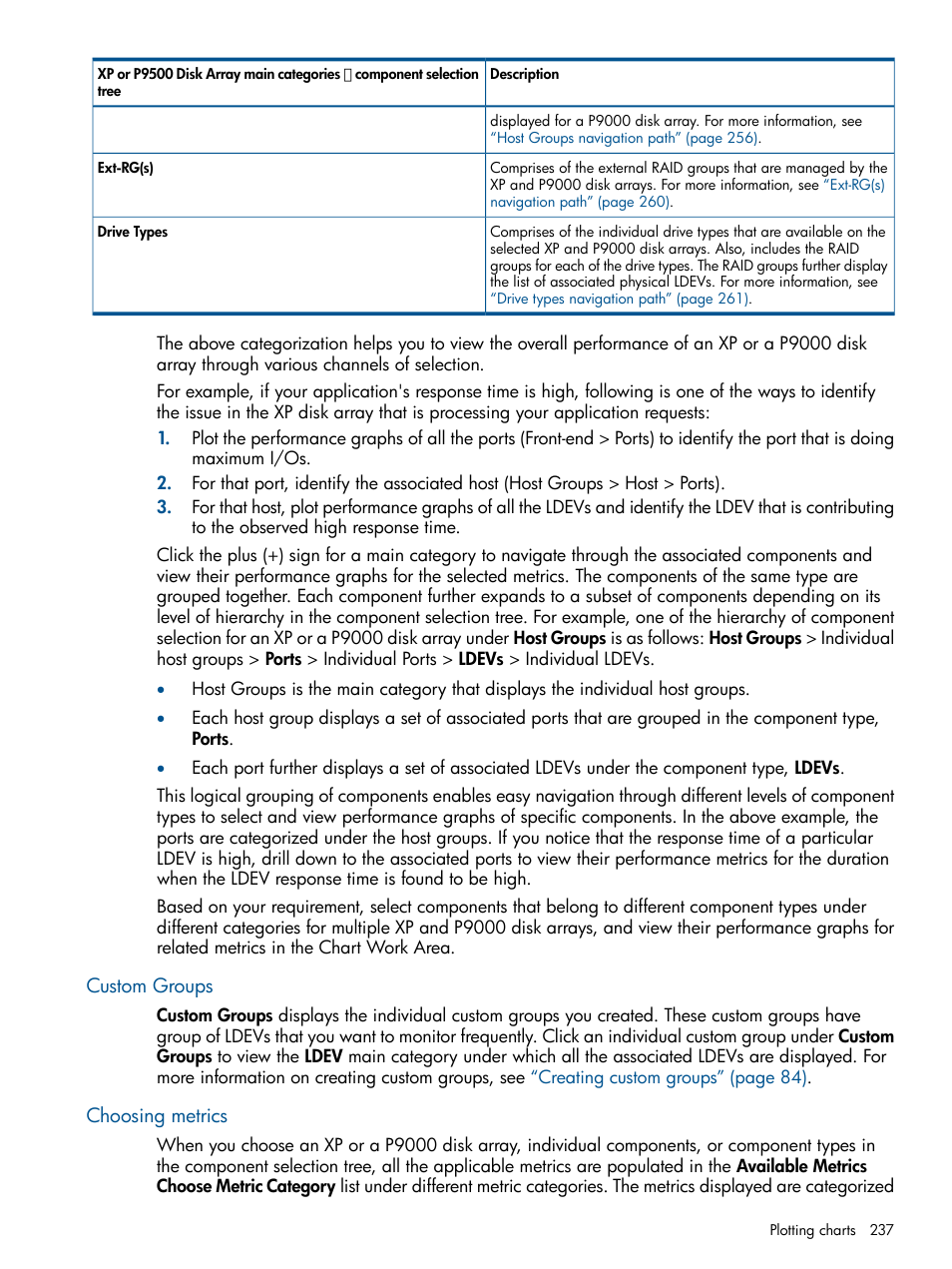 Custom groups, Choosing metrics, Custom groups choosing metrics | HP XP Performance Advisor Software User Manual | Page 237 / 417