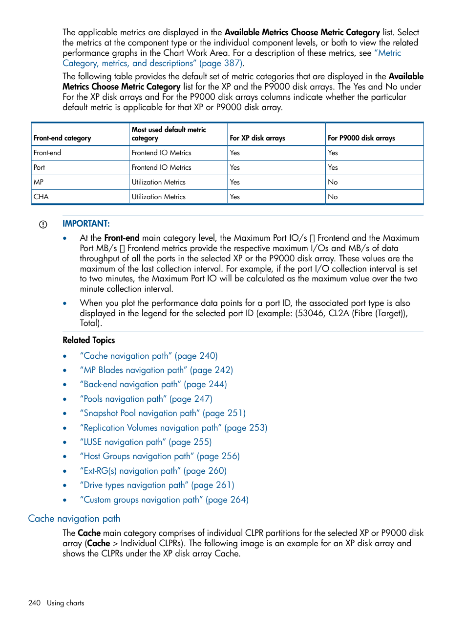 Cache navigation path, Cache | HP XP Performance Advisor Software User Manual | Page 240 / 417