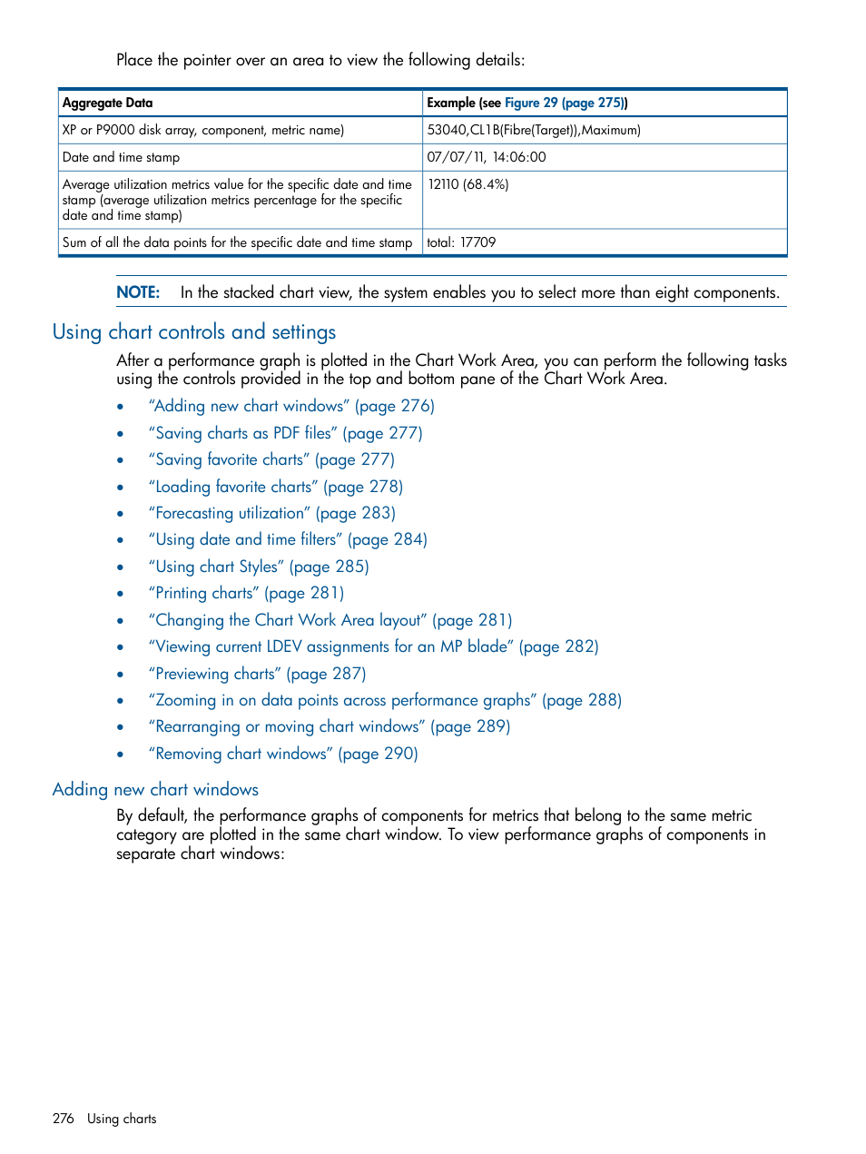 Using chart controls and settings, Adding new chart windows, Using chart | HP XP Performance Advisor Software User Manual | Page 276 / 417
