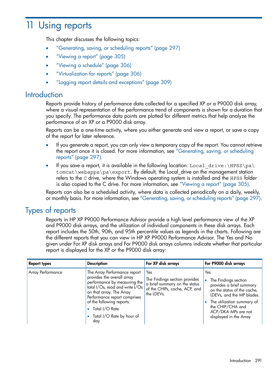 11 using reports, Introduction, Types of reports | Introduction types of reports | HP XP Performance Advisor Software User Manual | Page 291 / 417