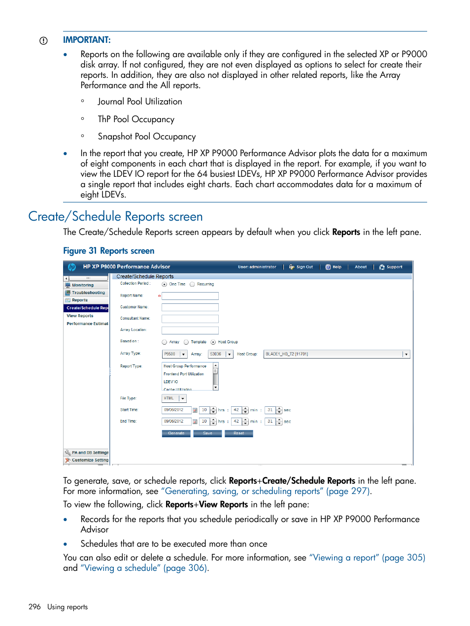 Create/schedule reports screen | HP XP Performance Advisor Software User Manual | Page 296 / 417