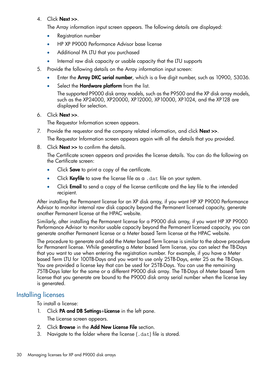 Installing licenses | HP XP Performance Advisor Software User Manual | Page 30 / 417